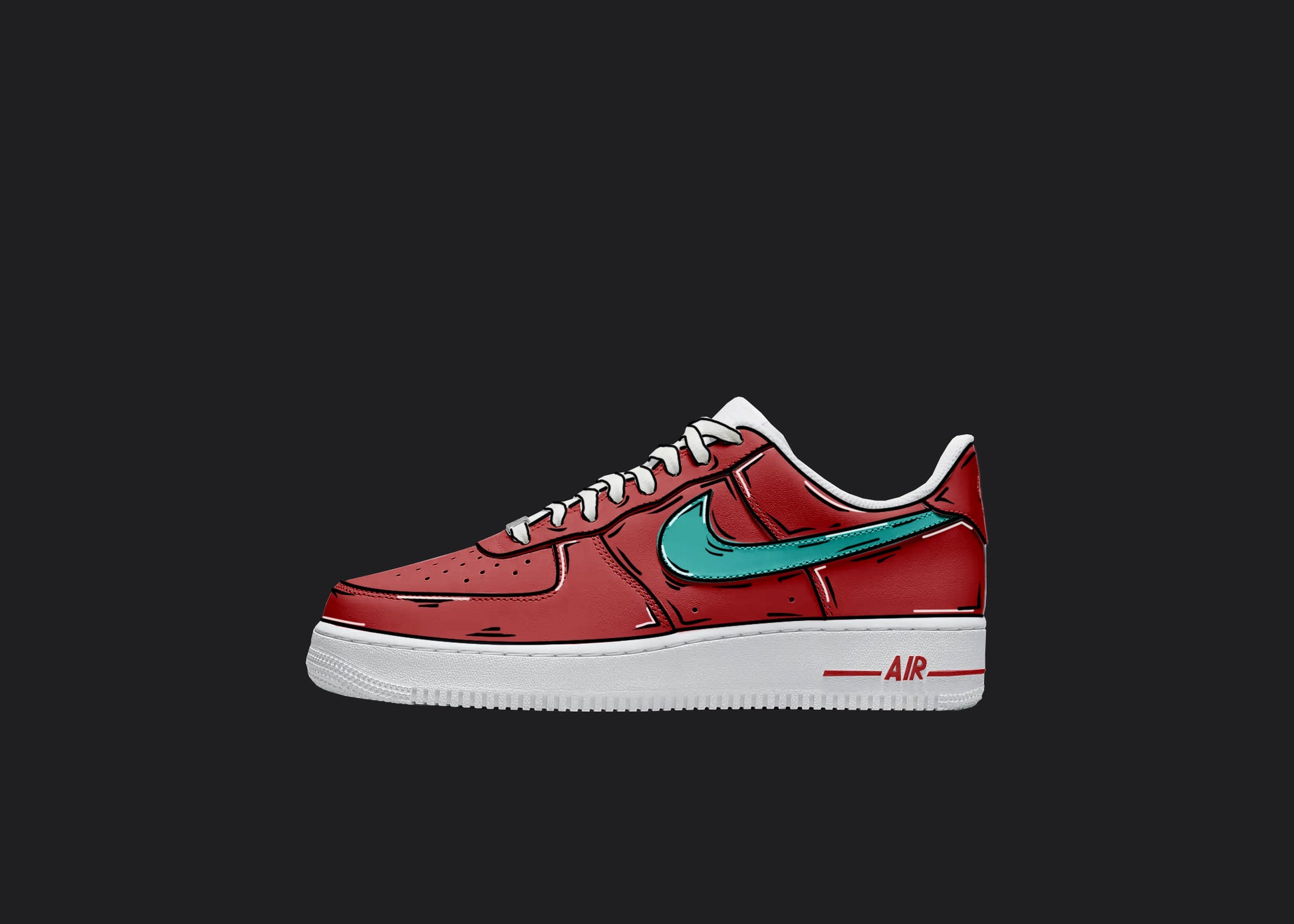 red and blue custom nike air force 1 shoe with a cartoon finish detailed all over effect