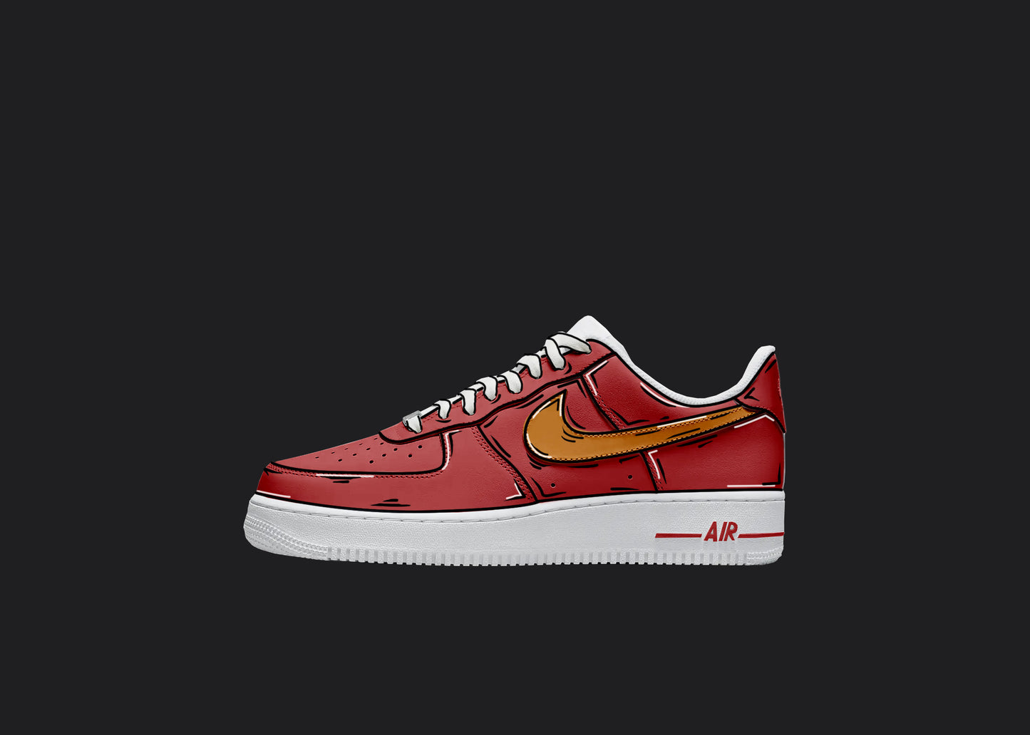 custo mair force 1 red and orange custom nike white lows with cartonish details all ove rthe sneaker 