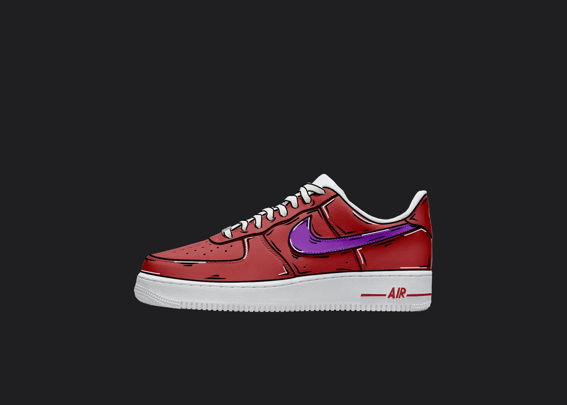 white nike air froce one with a black background hadnpainted wwith all over red and a purple nike swoosh featuring custom hand painted cartoon details all over the colors, laces and sole are white