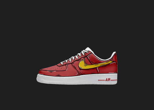 red and yellow custom air froce ones with cartoon styled details all over the design