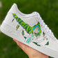 pair of nike air force 1s with a rick themed design based on rick and morty on the side section of the sneaker. 
