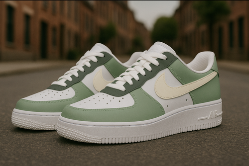 50 Shades Of Green - Custom Air Force 1s, hand-painted custom sneaker by Wokecustoms