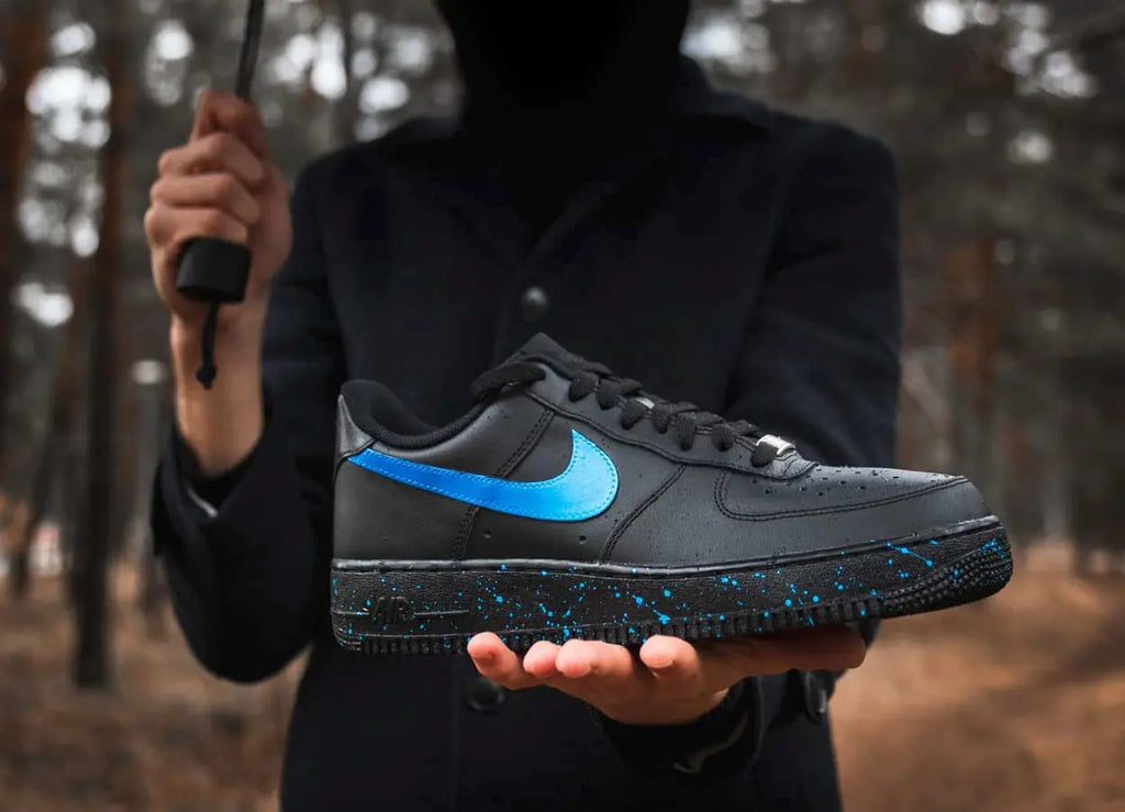 Custom Black Air Force 1 - Blue Splatter, hand-painted custom sneaker by Wokecustoms