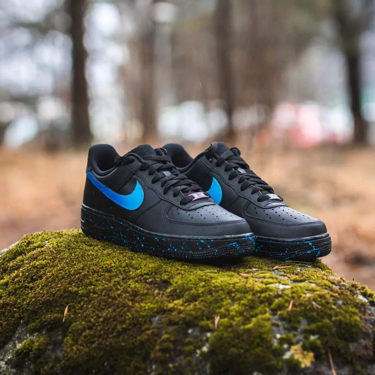 Custom Black Air Force 1 - Blue Splatter, hand-painted custom sneaker by Wokecustoms