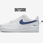 nike air force 1 side view, over the sneaker text "outside", nike swoosh painted in navy blue, under the swoosh initials "R&A"