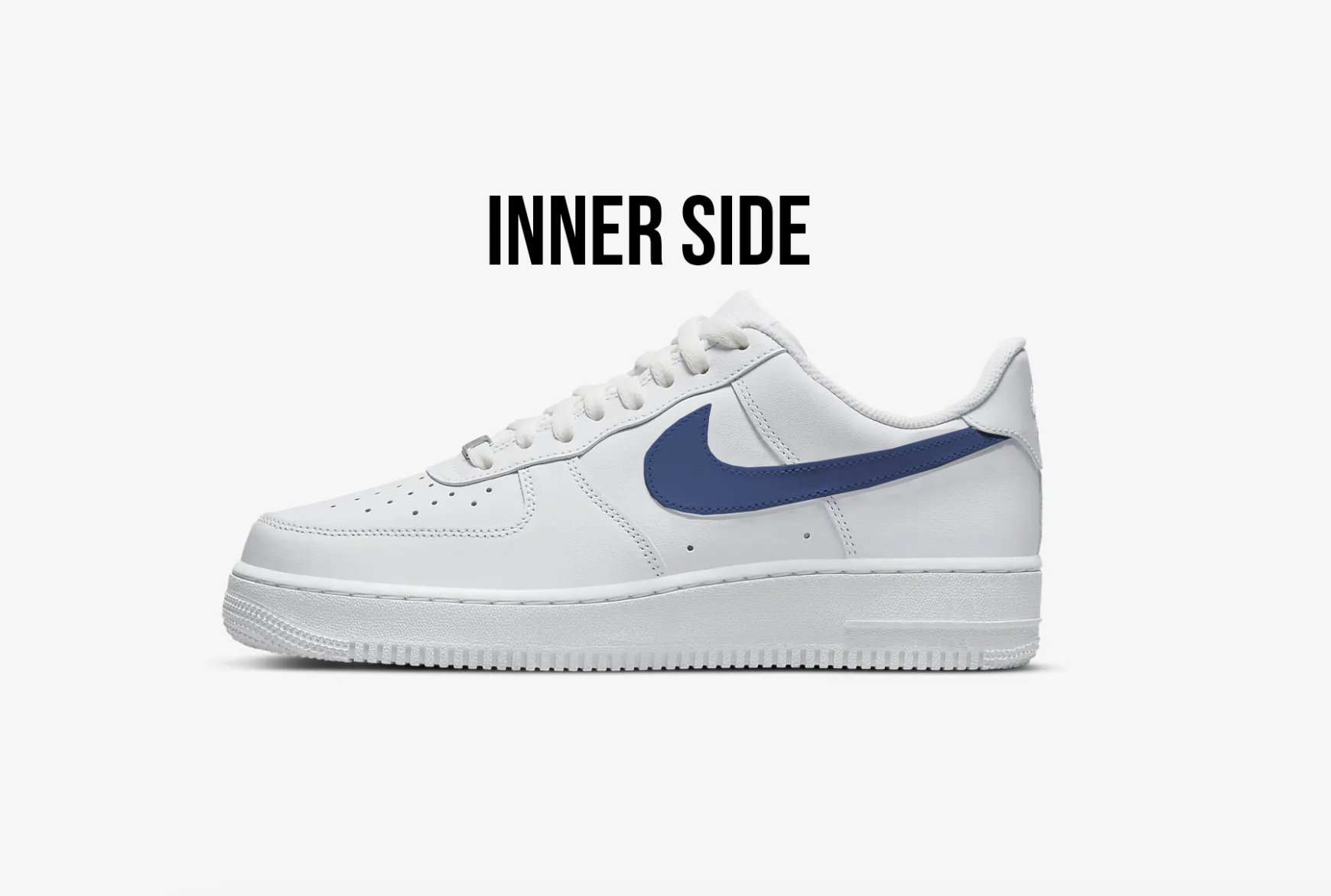 nike air force 1 side view, over the sneaker text "inner side" blak white background. Sneaker has a navy blue painted nike swoosh logo 