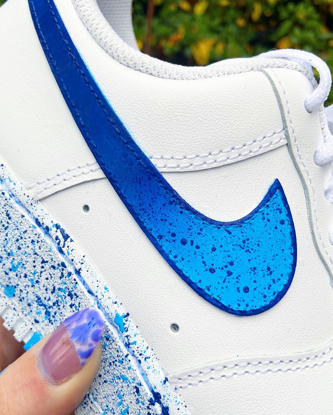 Blue Swoosh Fade Splatter - Custom Nike Air Force 1s, hand-painted by Wokecustoms