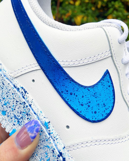 Blue Swoosh Fade Splatter - Custom Nike Air Force 1s, hand-painted by Wokecustoms