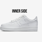 picture of a white nike air force low model side view with text ontop of it saying "inner side"