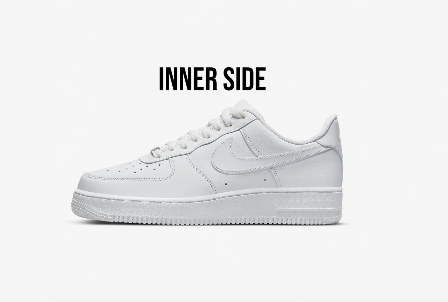 picture of a white nike air force low model side view with text ontop of it saying "inner side"