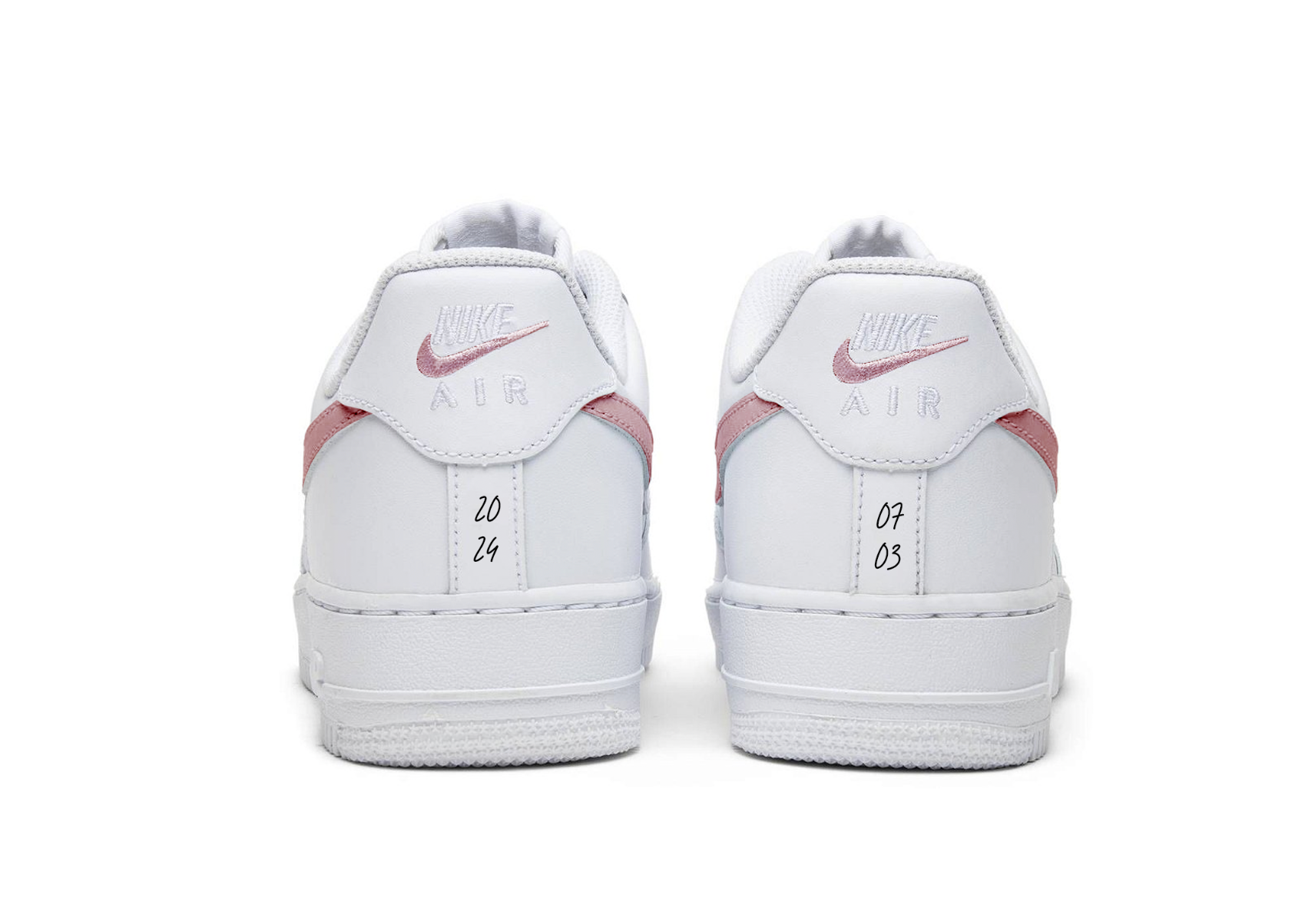 nike air force 1 from backside view, with rose gold painted swoosh logos and numbers on the back heel stripe