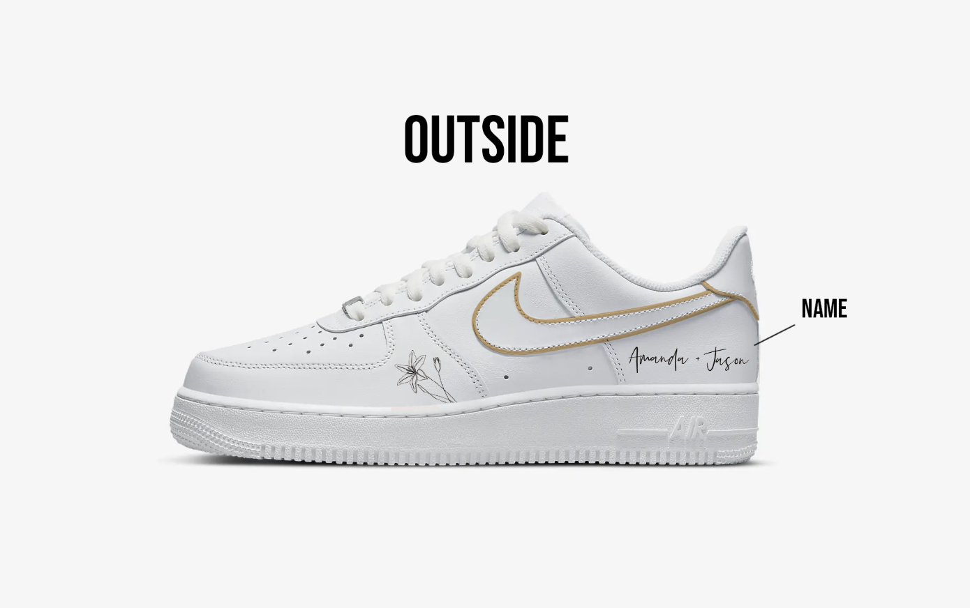 nike air force 1 sideview of the outer side, golden outline on the nike logo swoosh, small flower illustration and name in black added to the sde of the sneaker