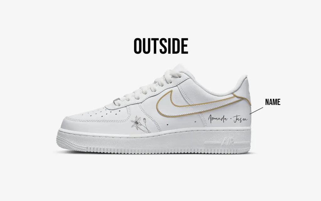 Personalised Gold Outline Wedding Shoes - Nike Air Force 1s, hand-painted by Wokecustoms
