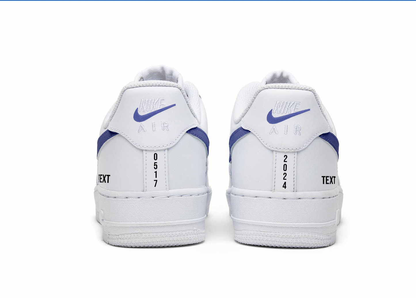 white nike air force 1 sneaker from back, blue nike swooshes, painted logo, and text in black on the heel of the sneakers