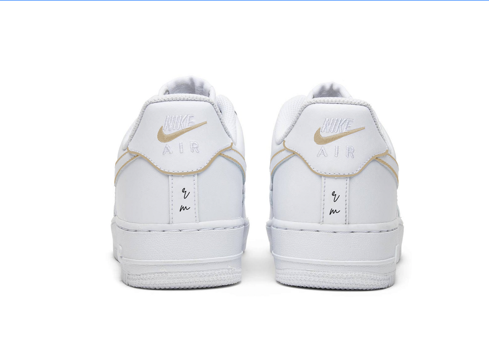 white air force 1 sneakers from back, beige gold, logoand initials on the back heel