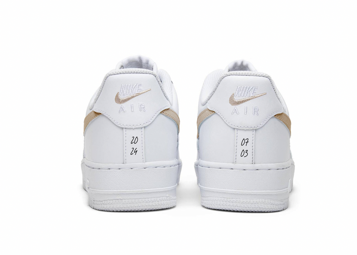 nike air force one from back view, nike swooshes in beige, with numbers on the back heel