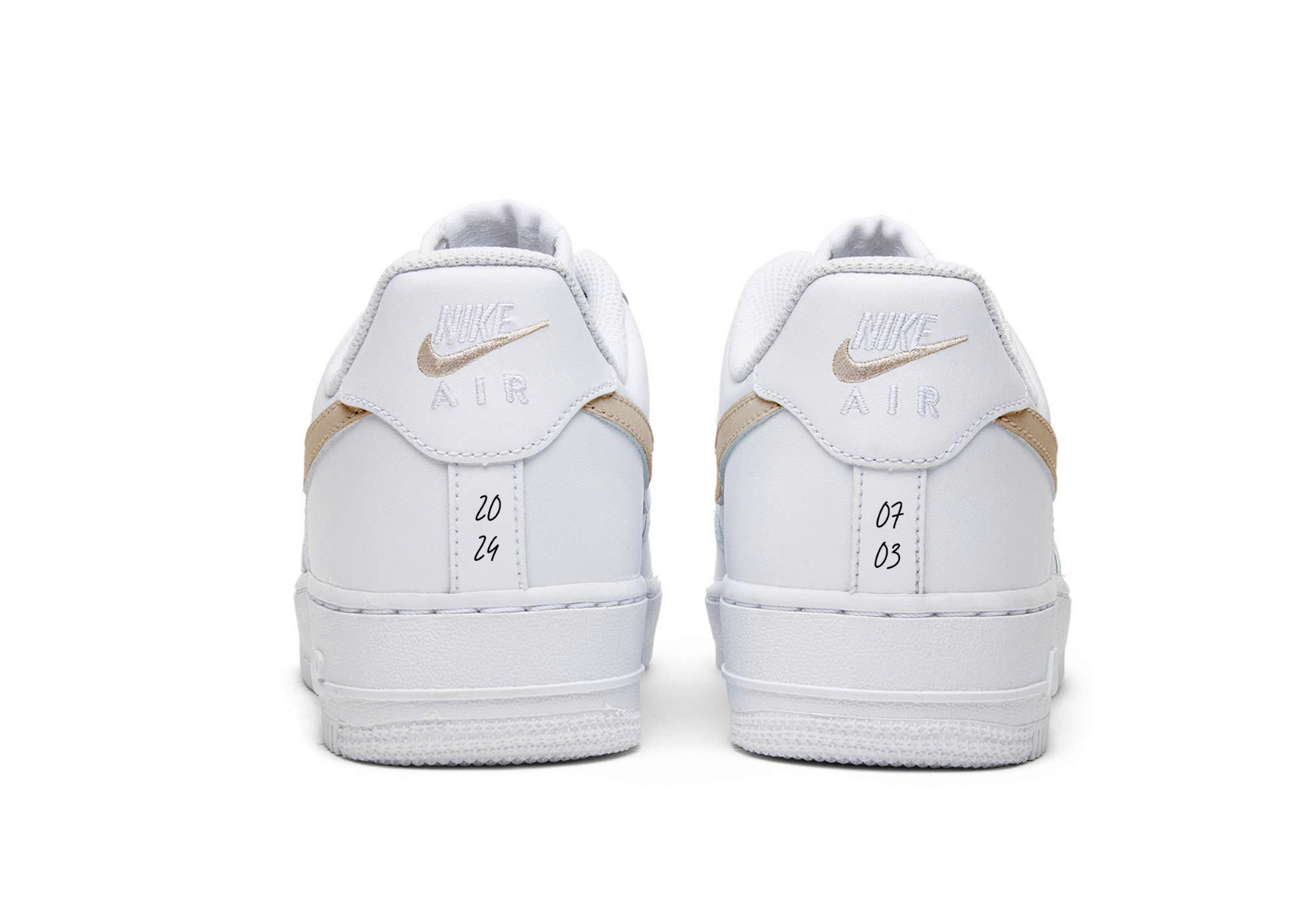 nike air force one from back view, nike swooshes in beige, with numbers on the back heel