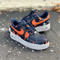 Navy & Orange Splatter - Custom Nike Air Force 1s, hand-painted by Wokecustoms