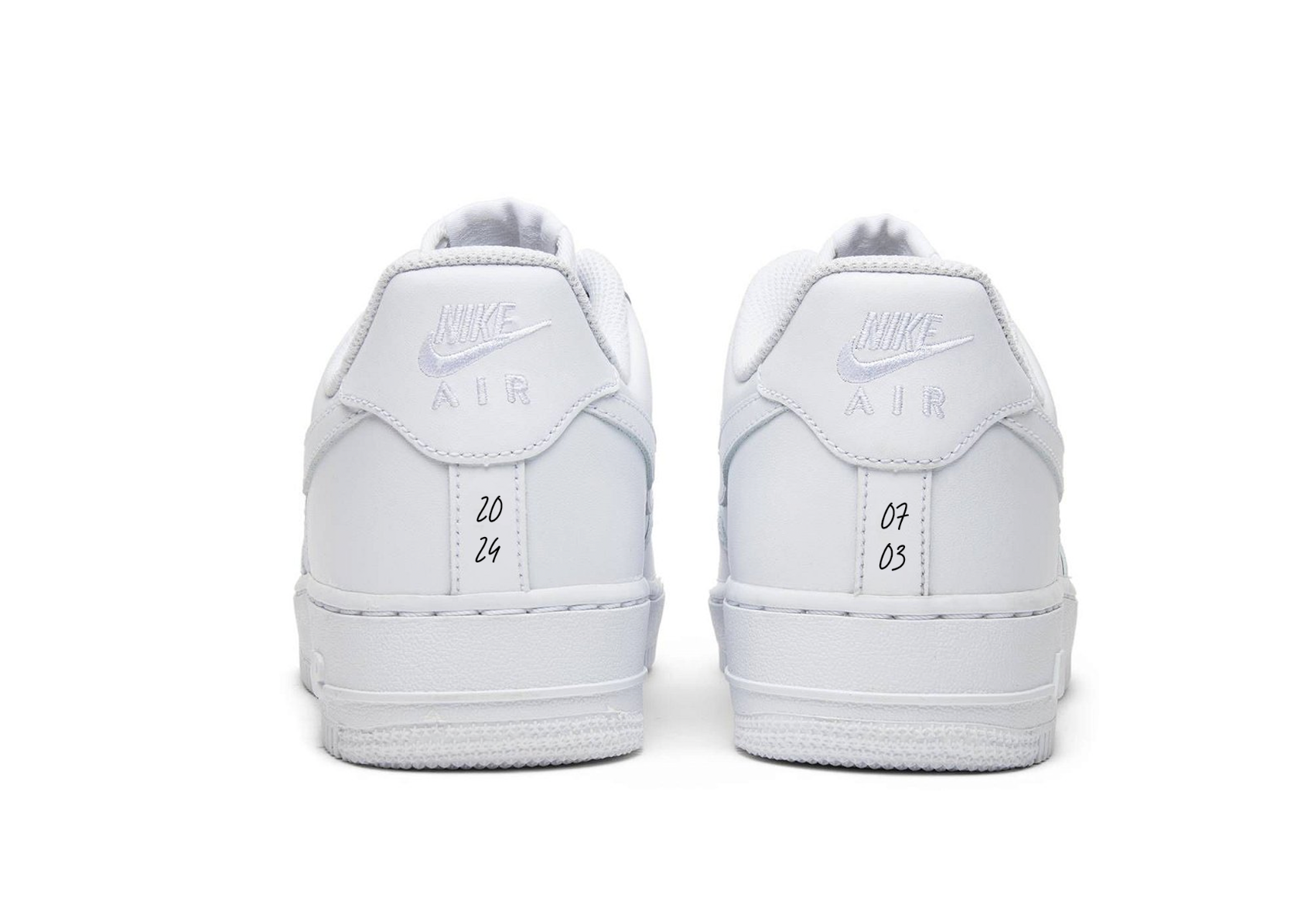 white nike air froce 1 one sneaker backside view, dates painted in black on the heel stripe