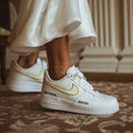 Custom Gold Wedding Shoes - Nike Air Force 1s, hand-painted by Wokecustoms
