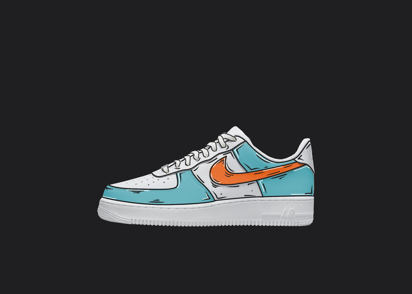 Custom Air Force 1 sneakers with light blue panels and orange Nike swoosh, featuring hand-painted cartoon outlines