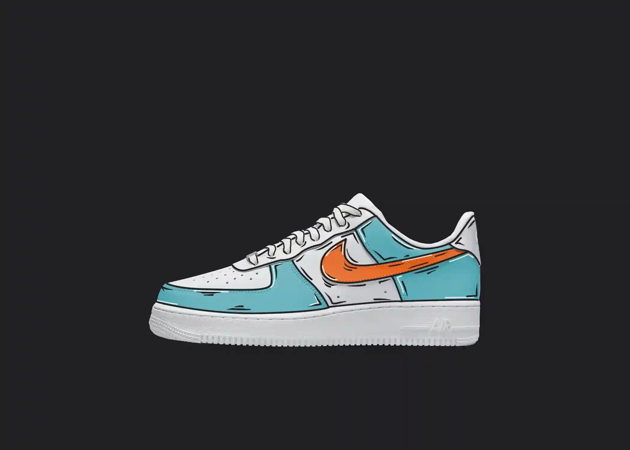 Custom Air Force 1 - Blue & Orange Cartoon, hand-painted custom sneaker by Wokecustoms