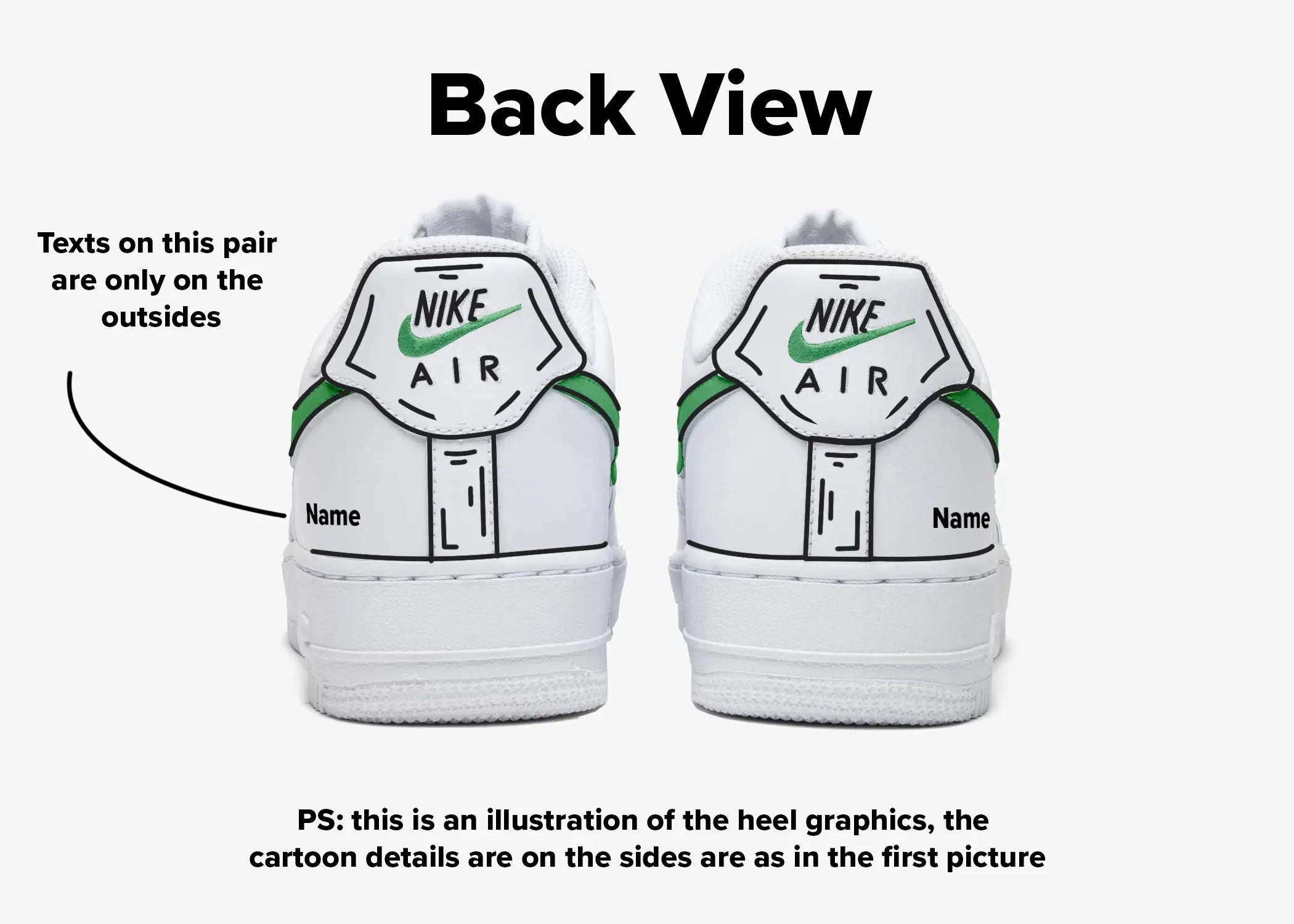 nike air force 1 white pair from back, backside view, cartton details on the sneakers and text in black