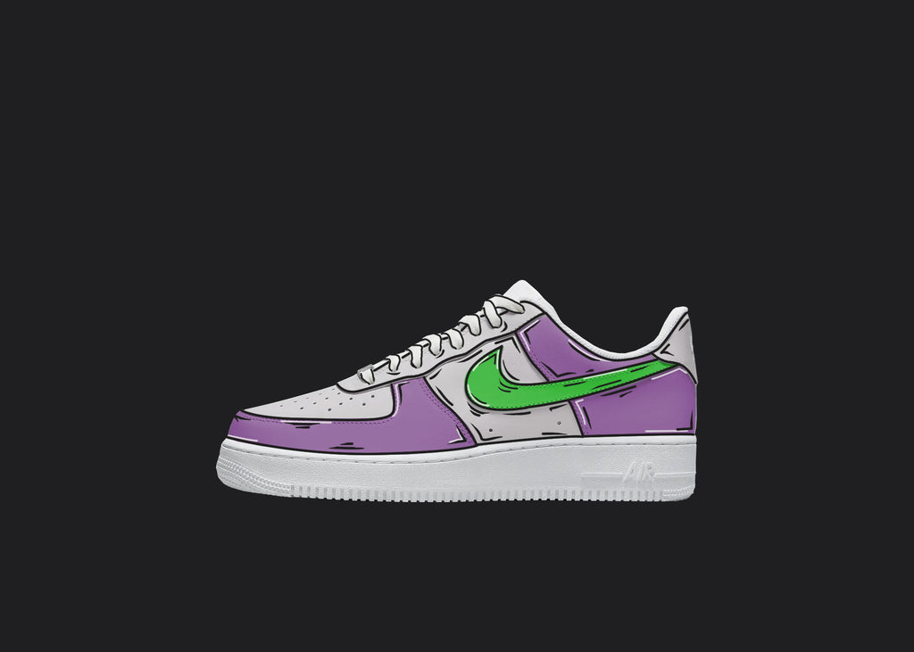 Custom Air Force 1 - Purple & Green Cartoon, hand-painted custom sneaker by Wokecustoms