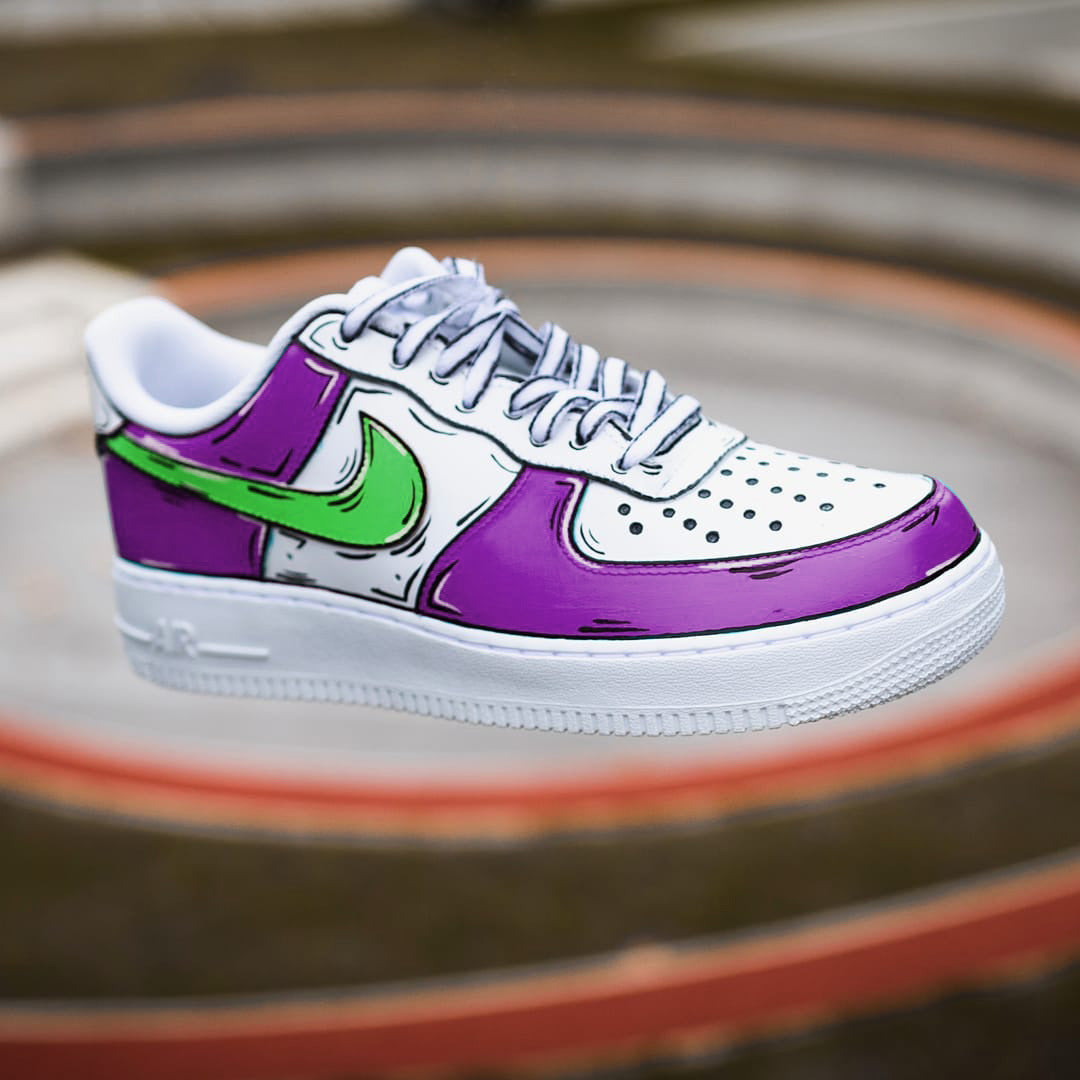 Custom Air Force 1 - Purple & Green Cartoon, hand-painted custom sneaker by Wokecustoms