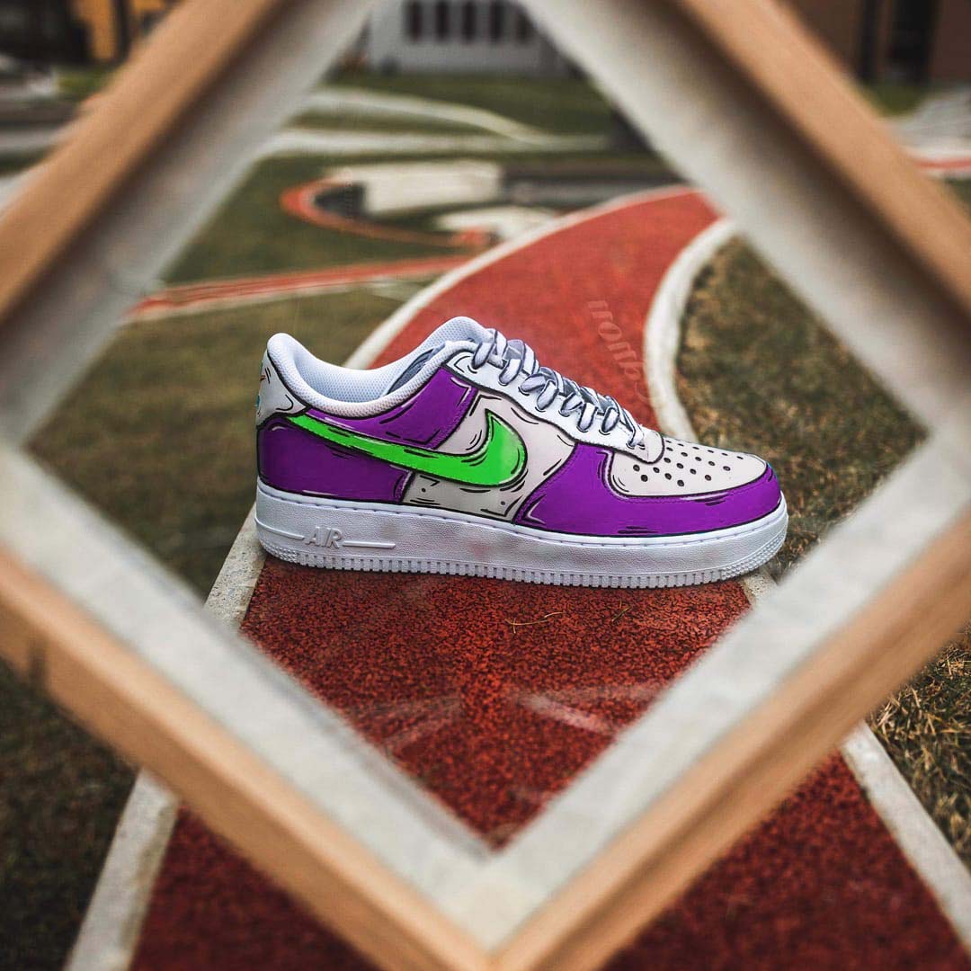 Custom Air Force 1 - Purple & Green Cartoon, hand-painted custom sneaker by Wokecustoms