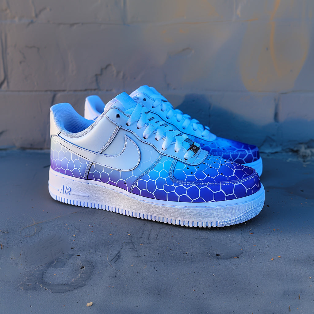 Blue Hexed Fade - Custom Nike Air Force 1s, hand-painted by Wokecustoms
