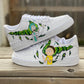 pair of nike air force 1s with a rick and morty themed design on the side sections of the sneakers. 