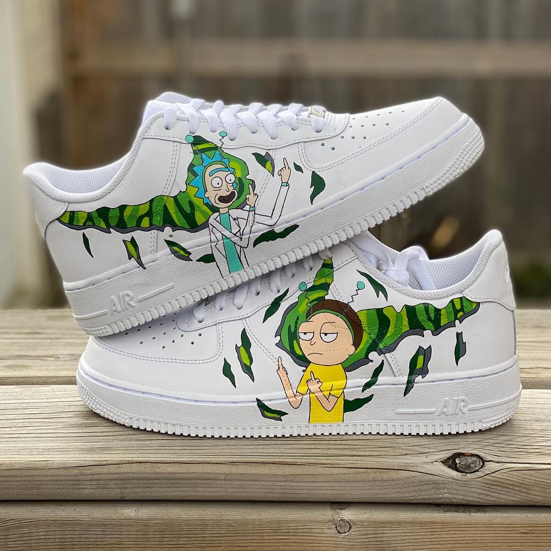 pair of nike air force 1s with a rick and morty themed design on the side sections of the sneakers. 