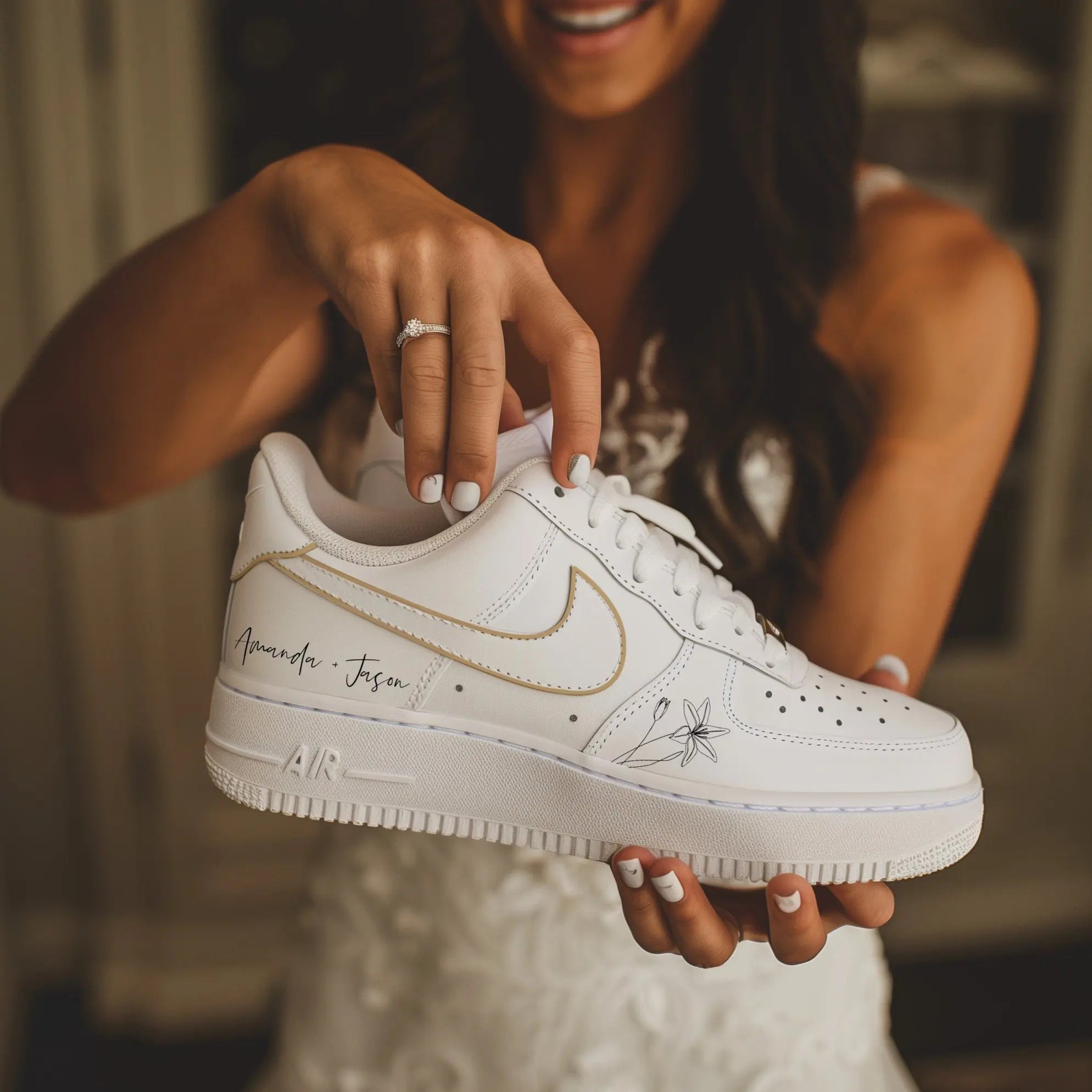 Personalised Gold Outline Wedding Shoes - Nike Air Force 1s, hand-painted by Wokecustoms