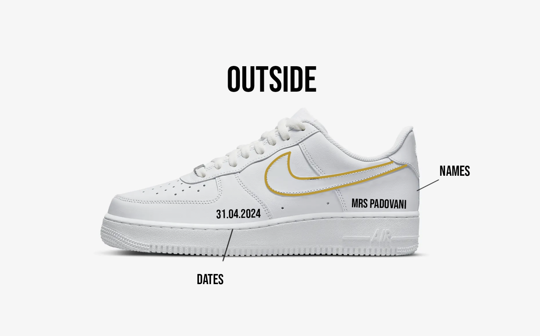 Custom Gold Wedding Shoes - Nike Air Force 1s, hand-painted by Wokecustoms
