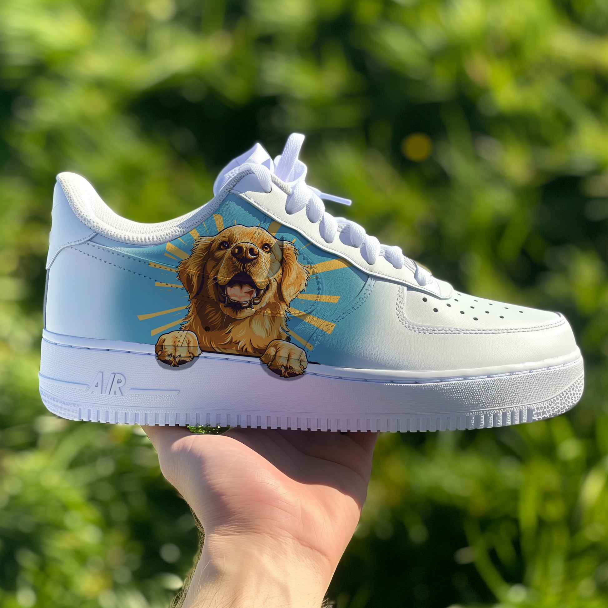 a white nike air force 1 sneaker with handpainted smiling golden retriever with a blue fade and sunshine background.  