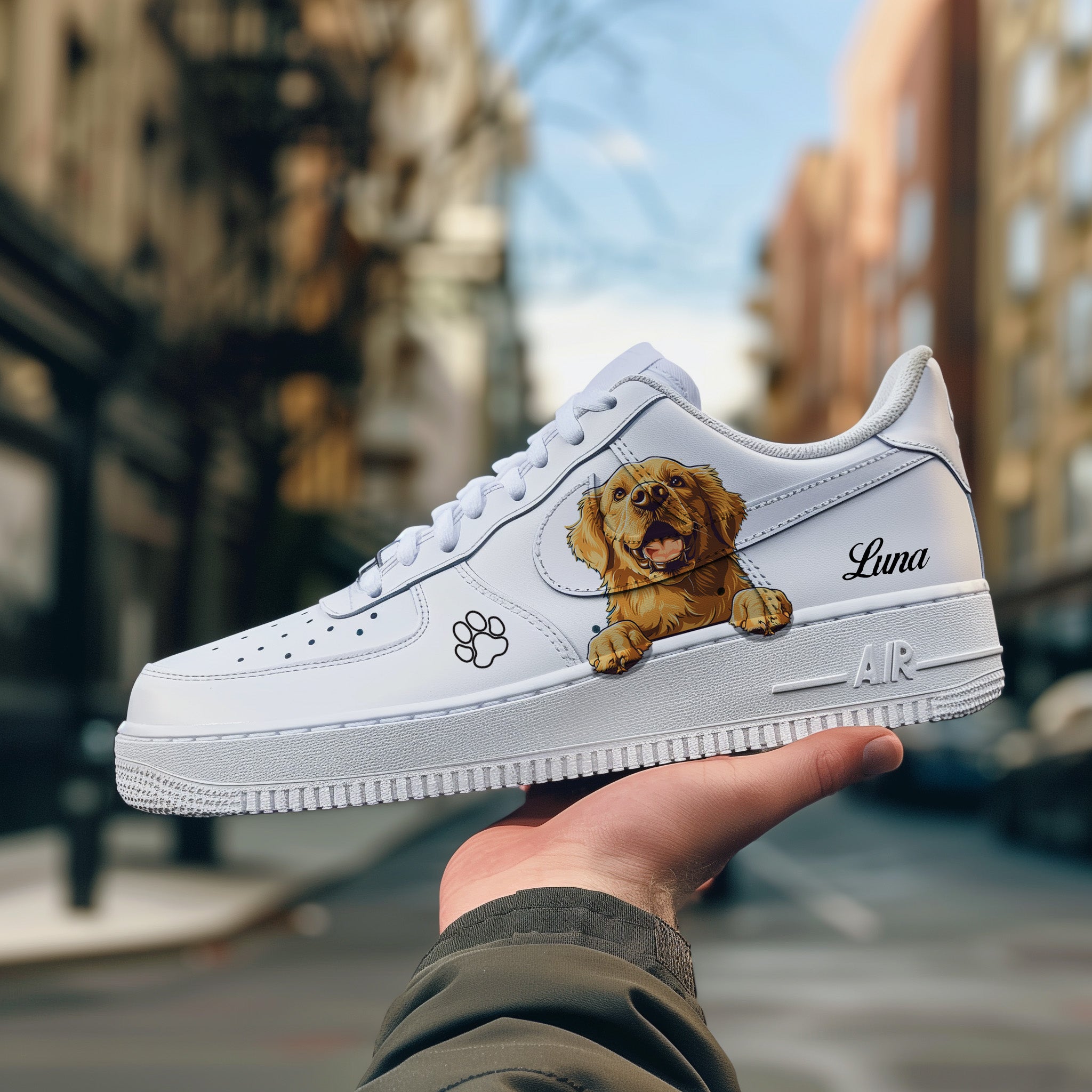 Golden Retriever - Custom Air Force 1s, hand-painted custom sneaker by Wokecustoms
