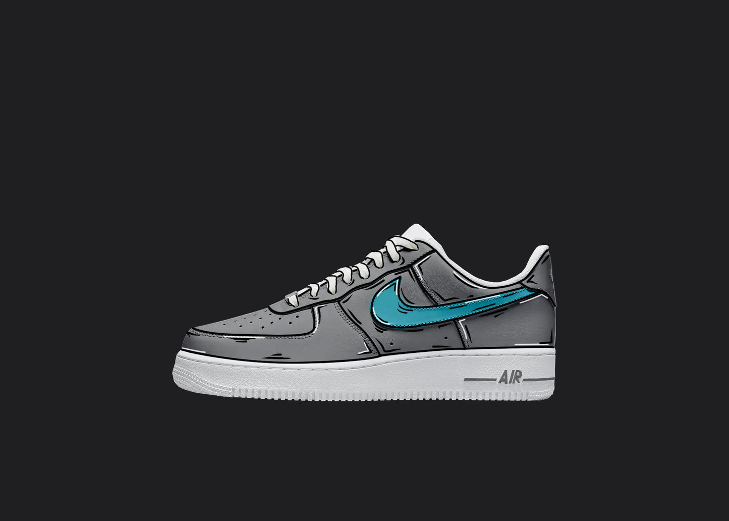 gray and blue csutom hand painted white nike air force 1 sneakers. the gray and blue colorway is covered with cartoon outline styled details all over the sneaker in white and black. the sneaker is on a black plain background from a side view