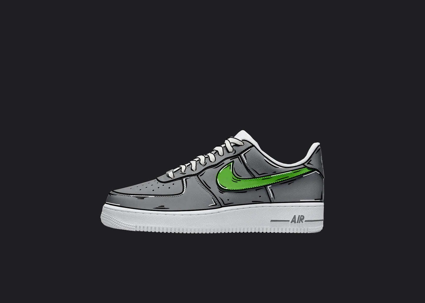 gray and green colored nike air force 1 sneaker side view on a black background, the gray and green colors on the nike also feature a cartoon like outline custom hand painted details all over the sneaker