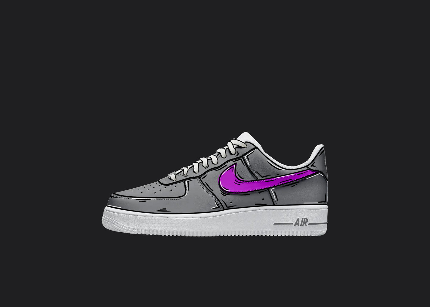 white nike air force 1 low model side view on a plain black background. the sneakers feature a custom cartoon design in gray and pink