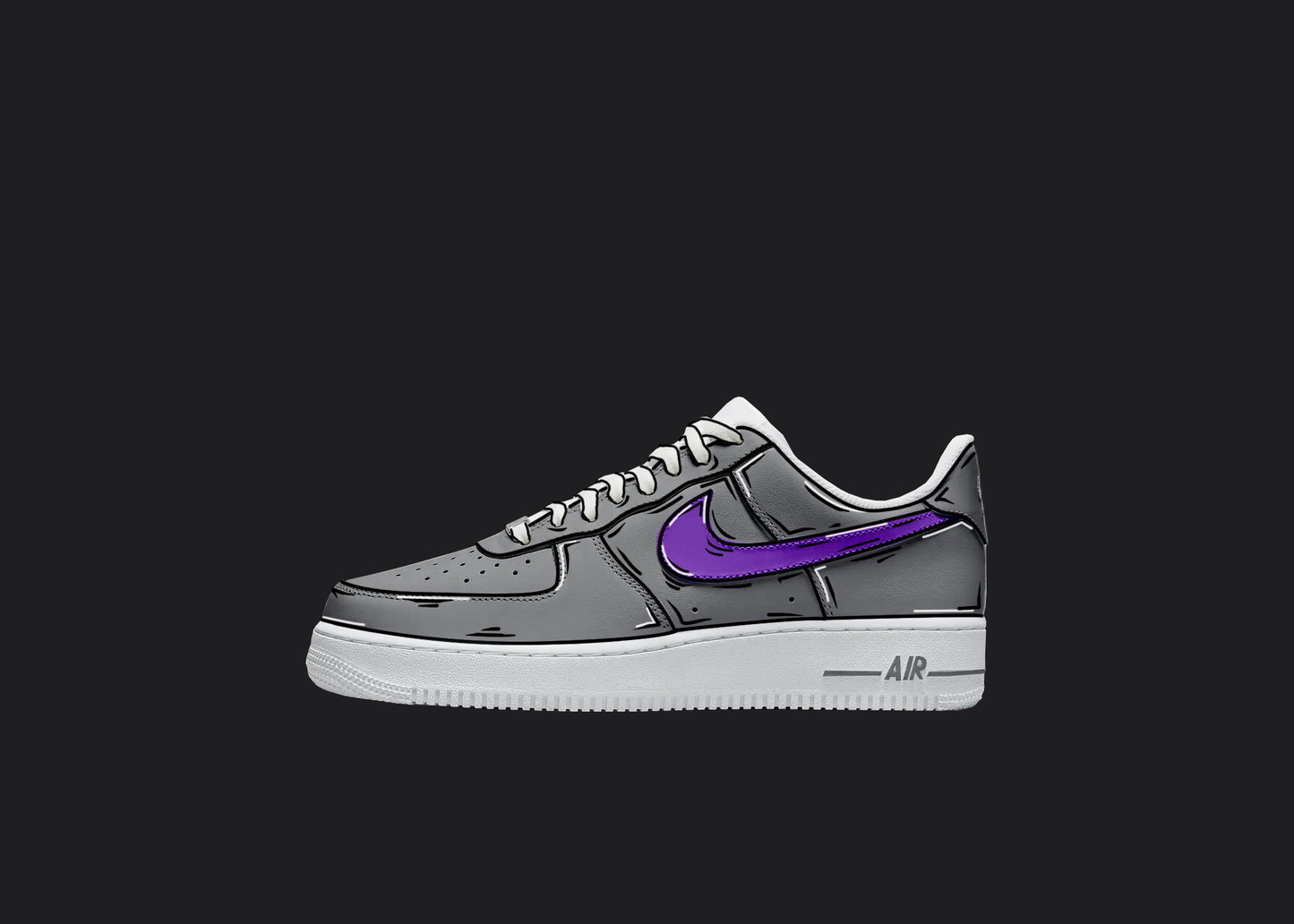 white nike air force 1 low model side view on a black plain background. the sneaker is custom painted in gray with a purple nike logo swoosh. The color designs are covered in cartoon outline like details all over the sneaker in white and black