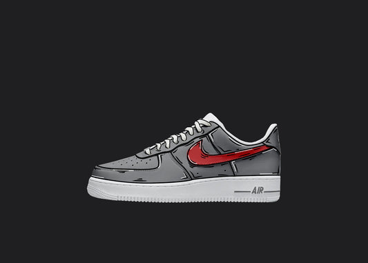 gray nike air force 1 custom shoes with a green nike logo featuring custom hand painted cartoon details and outline all over the sneakers. 