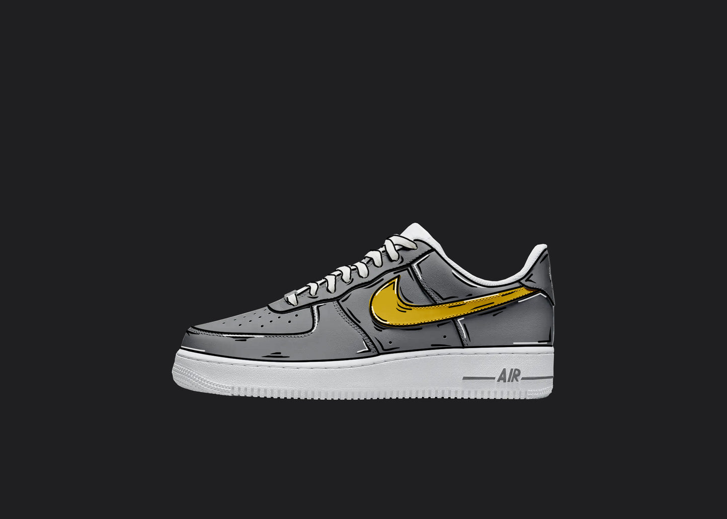 white nike air force 1 sneakers covered with a gray handpainted color and a yellow nike swoosh. the design also has cartoon outline detilas in white and black covering the entire sneakers
