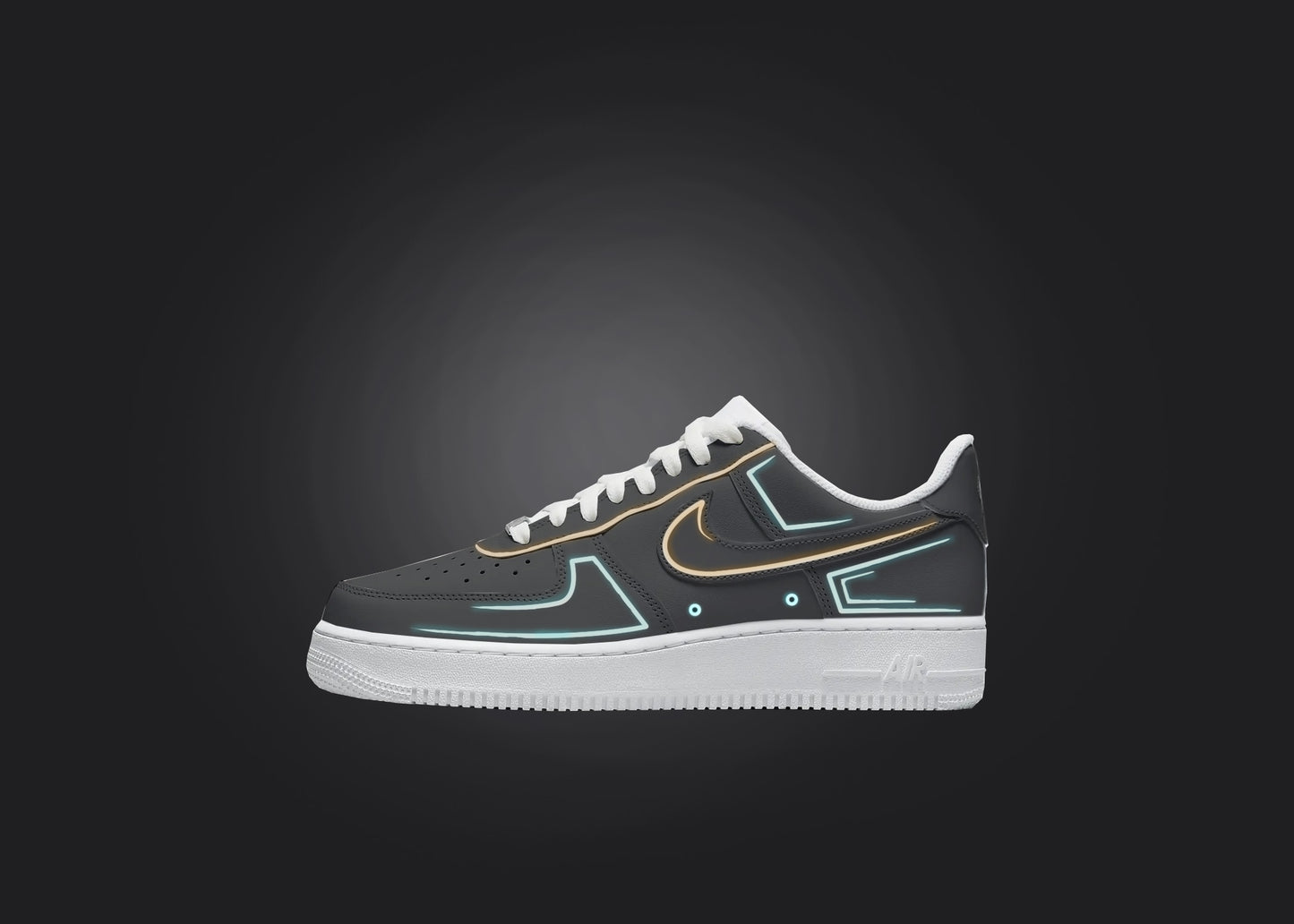 a nike air force 1 sneaker with a black background feautirng handpainted tron themed orange and blue futuristic lines