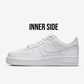 blank white nike air force 1 sneaker ith white background on top of the sneaker text Inner side