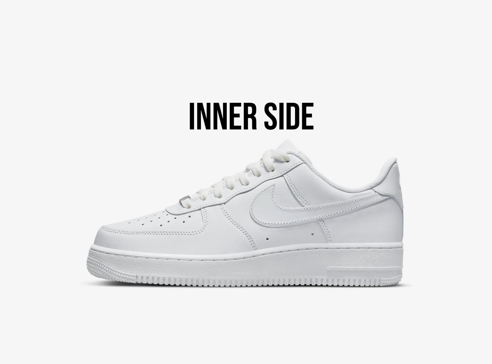 blank white nike air force 1 sneaker ith white background on top of the sneaker text Inner side