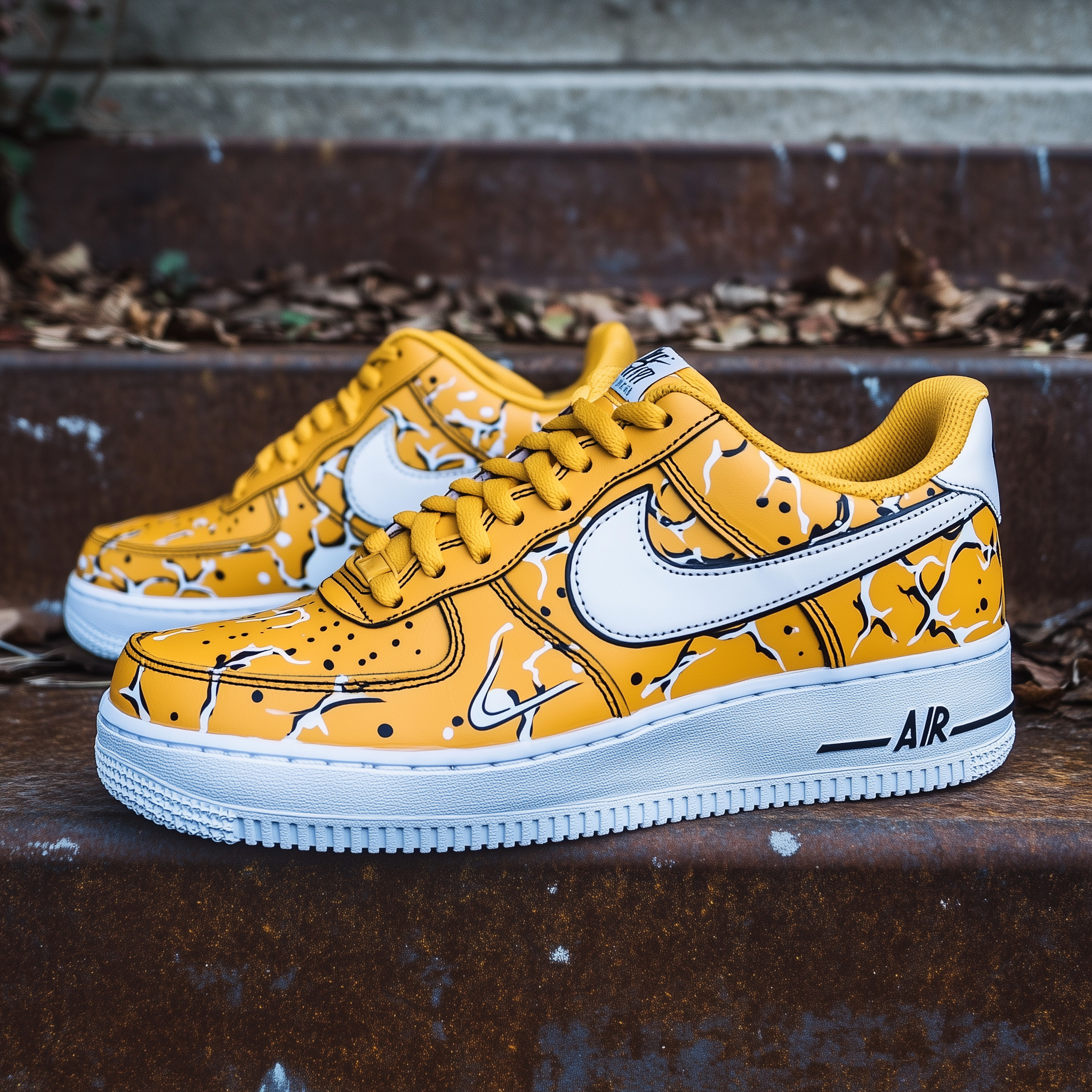 Side view of hand-painted Nike Air Force 1s with an intricate molecule-inspired black and white pattern on a golden-yellow base.