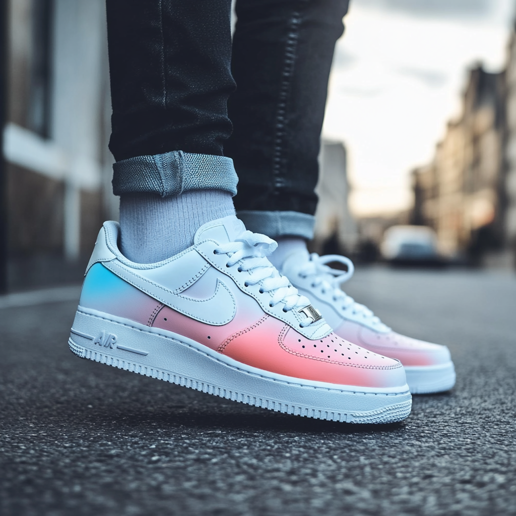 Close-up of custom Nike Air Force 1 sneakers featuring a smooth pastel ombre blend of pink, blue, and white.