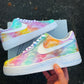 Side view of custom Nike Air Force 1 with a dreamy pastel cloud pattern and subtle rainbow gradient, white Nike swoosh.