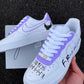 Side view of custom Friends-themed Air Force 1 shoes with “You’re my lobster” quote and purple swoosh outline.